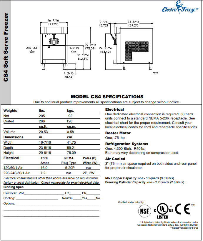 electro freeze cs4 soft serve freezer specifications