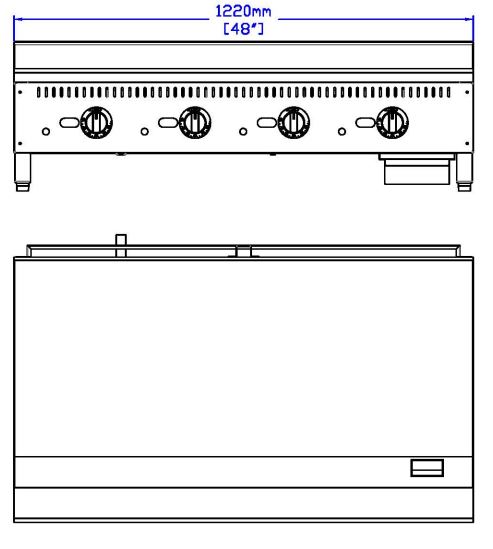 Omcan 47372 48inch countertop griddle front top drawing view