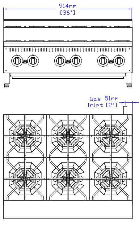 Omcan 47384 36 Step Up Hot Plate Front Top View Drawing