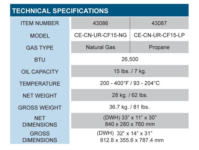 Countertop 15lbs deep fryer spec