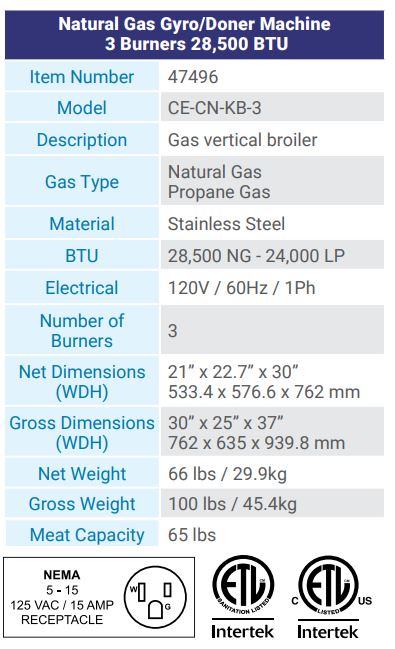 Donair Kebab 3 burner machine specs
