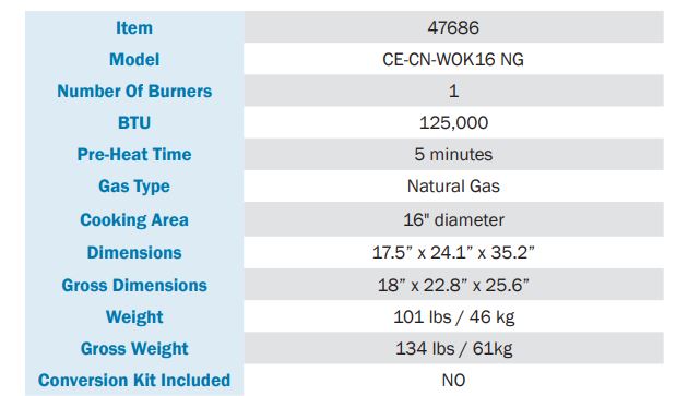 gas wok range 16 ring specs