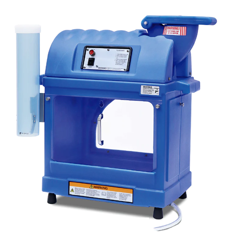 Blue ice machine with side tube