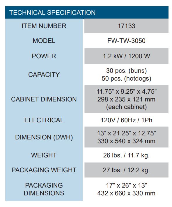 hotdog steamer specs