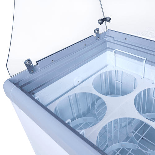 Ice cream dipping freezer with flat sneeze guard ice cream holders inside
